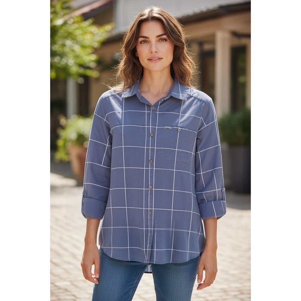 Columbia Womens Blue Windowpane Plaid Button Down Roll Tab Sleeve Shirt M